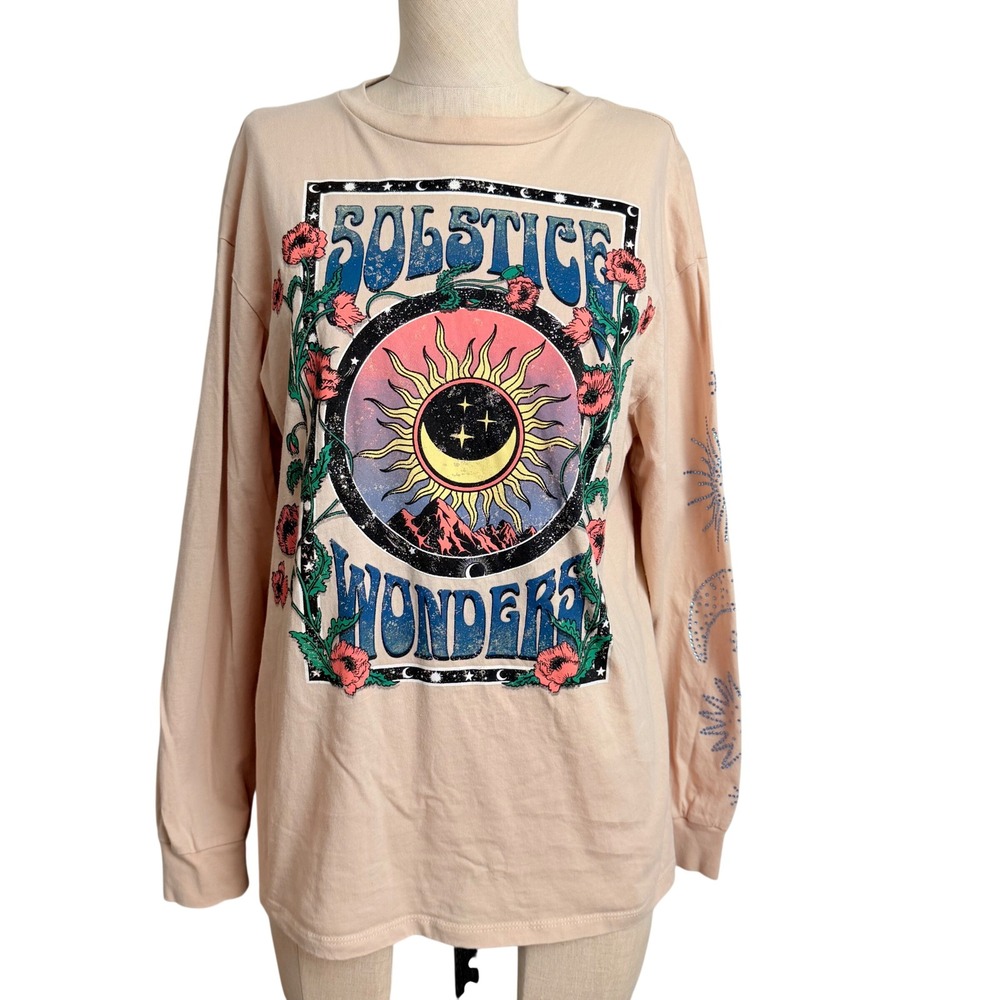 Stitch & Pine Beige Solstice Wonders Celestial Rhinestone Graphic Tee XS